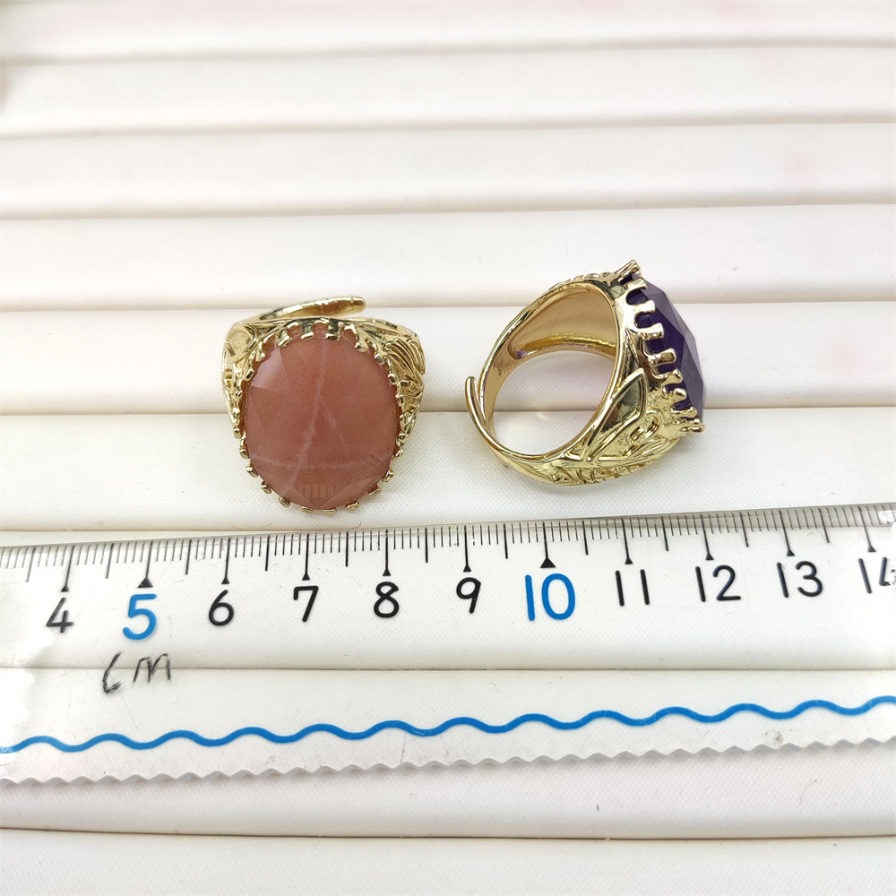 Wholesale Bulk 18k Gold Plated Stone Ring Oval Natural Gemstone Ring Fashion Jewelry Gift Strawberry Quartz Lapis Lazuli Ring