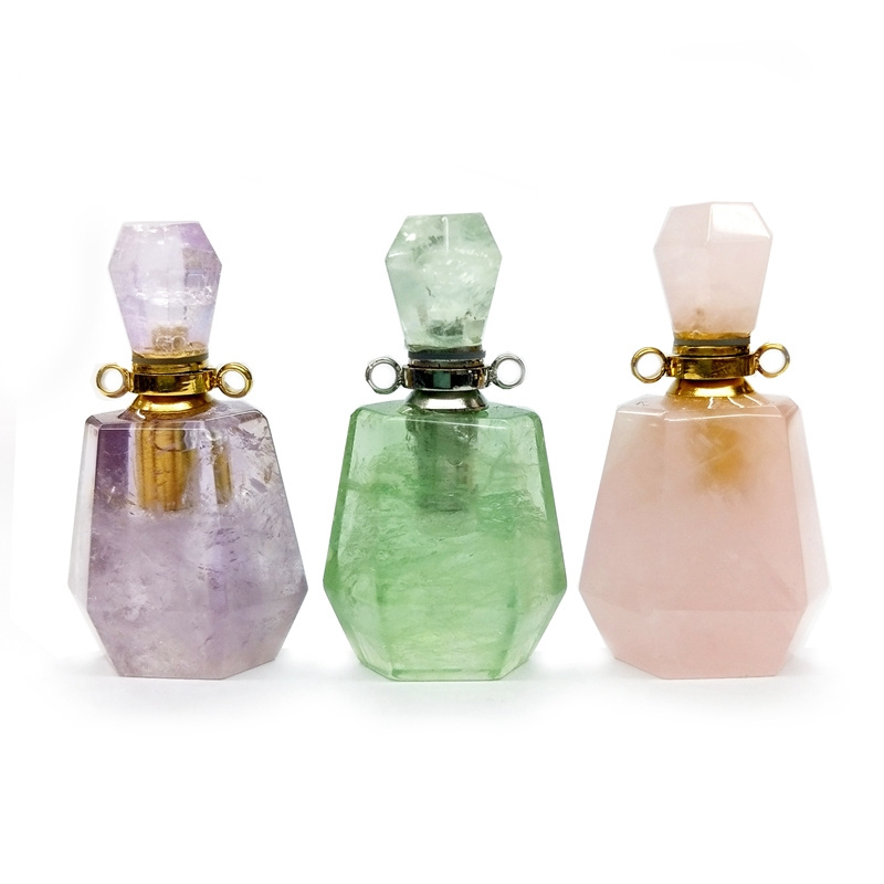 Natural Crystal Gemstone Essential Oil Diffuser Bottle Pendants Amethyst Fluorite Rose Quartz Perfume Bottle For Necklace Charms