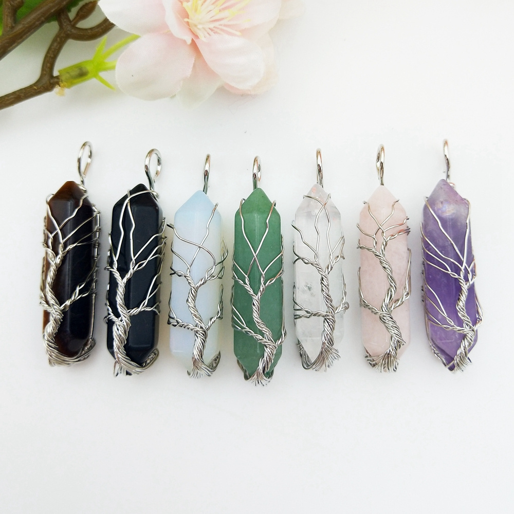 Wholesale Natural Stone Pendant Crystal Pen Silver Tree of Life Assorted Winding Pendants Double Point Charm For Necklace Making