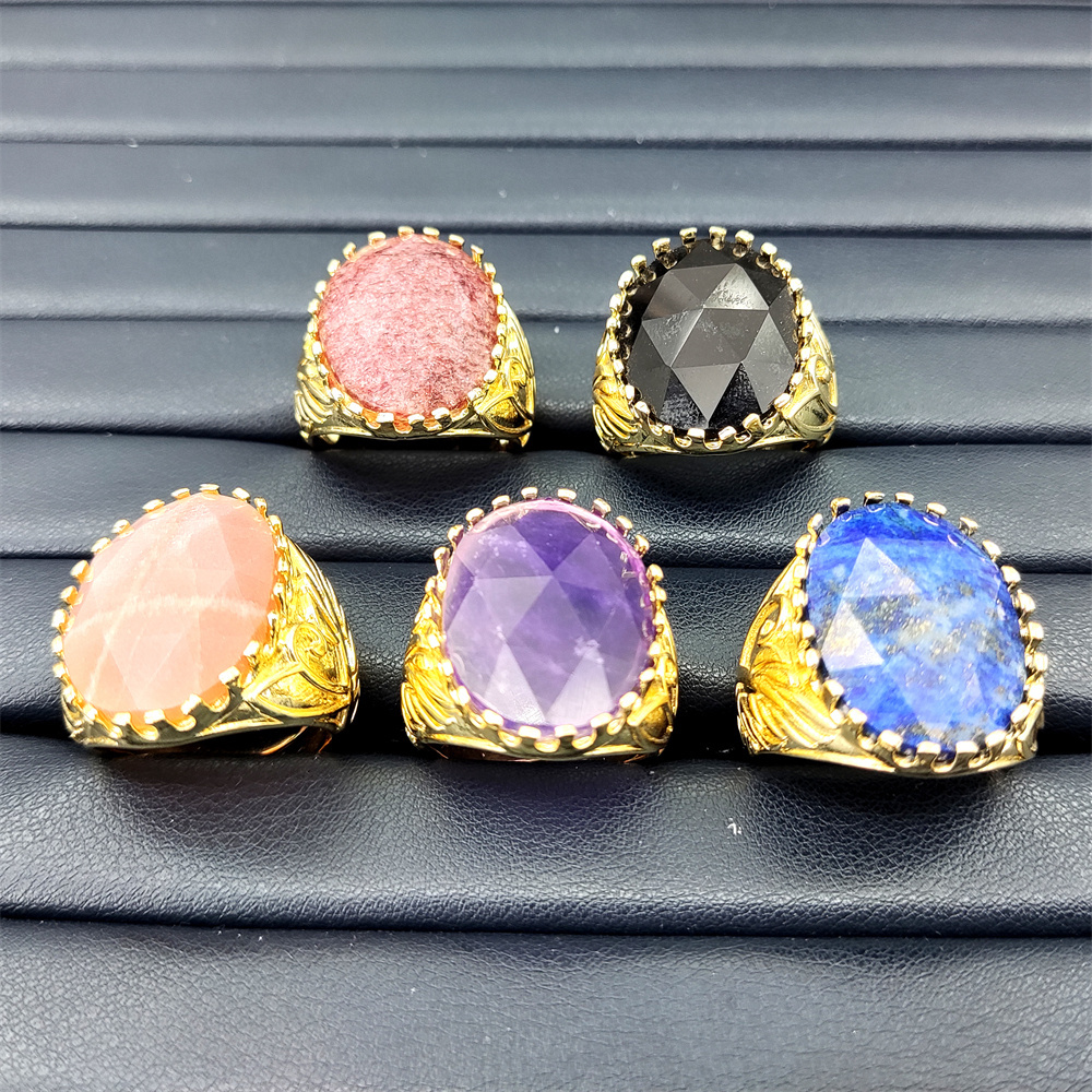 Wholesale Bulk 18k Gold Plated Stone Ring Oval Natural Gemstone Ring Fashion Jewelry Gift Strawberry Quartz Lapis Lazuli Ring