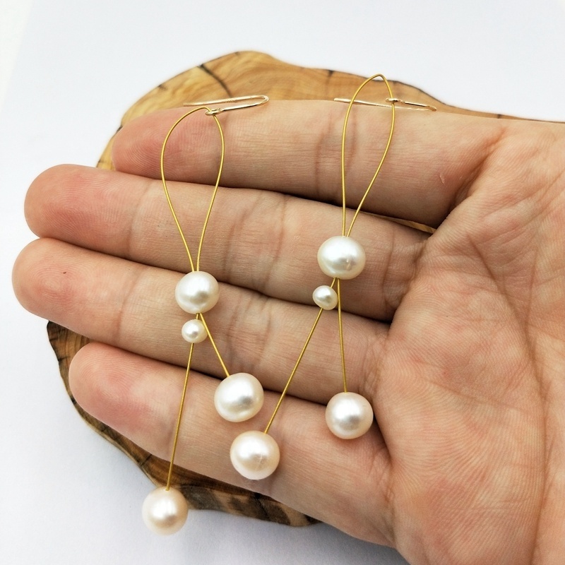 Fashion 14K gold small ball natural pearl earring white round freshwater pearls earrings drop long tassel beads jewelry