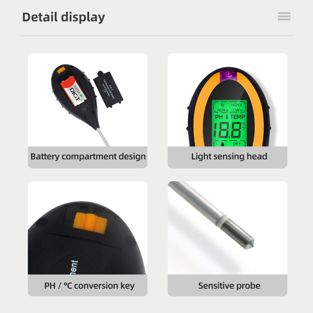 Best Digital 4 in 1 Soil PH Meter Professional LCD Display Temperature Moisture Sunlight PH Garden Plants Soil Tester Meter