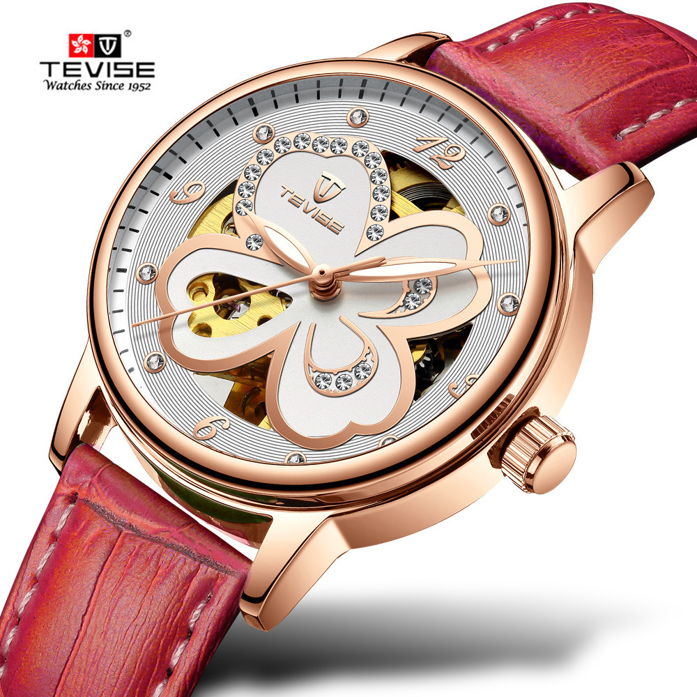 Tevise fancy ladies latest mechanical rhinestone watch rose gold flower watch womens leather  for girl