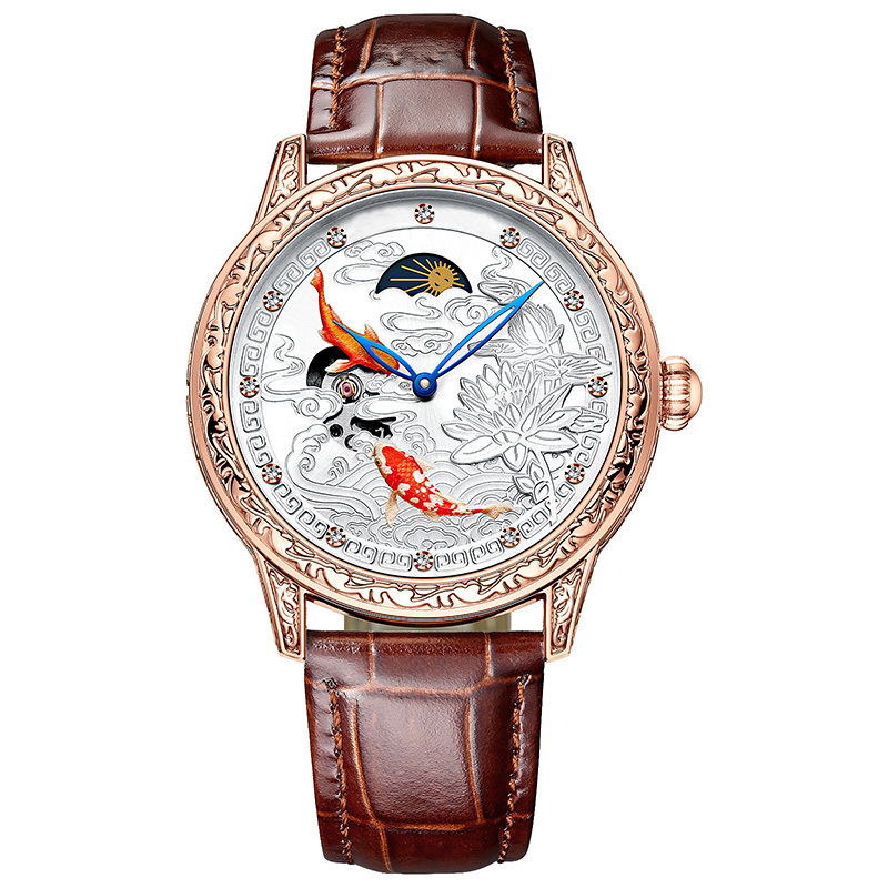 Tevise Raksa Duke T890DF 3D Carving koi carp fish Automatic mechanical genuine leather men's watch with good luck