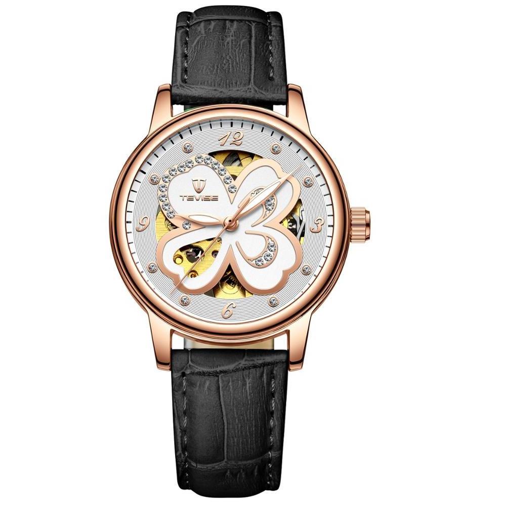 Tevise fancy ladies latest mechanical rhinestone watch rose gold flower watch womens leather  for girl