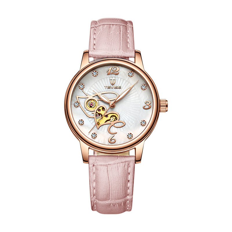 Tevise fancy ladies latest mechanical rhinestone watch rose gold flower watch womens leather  for girl