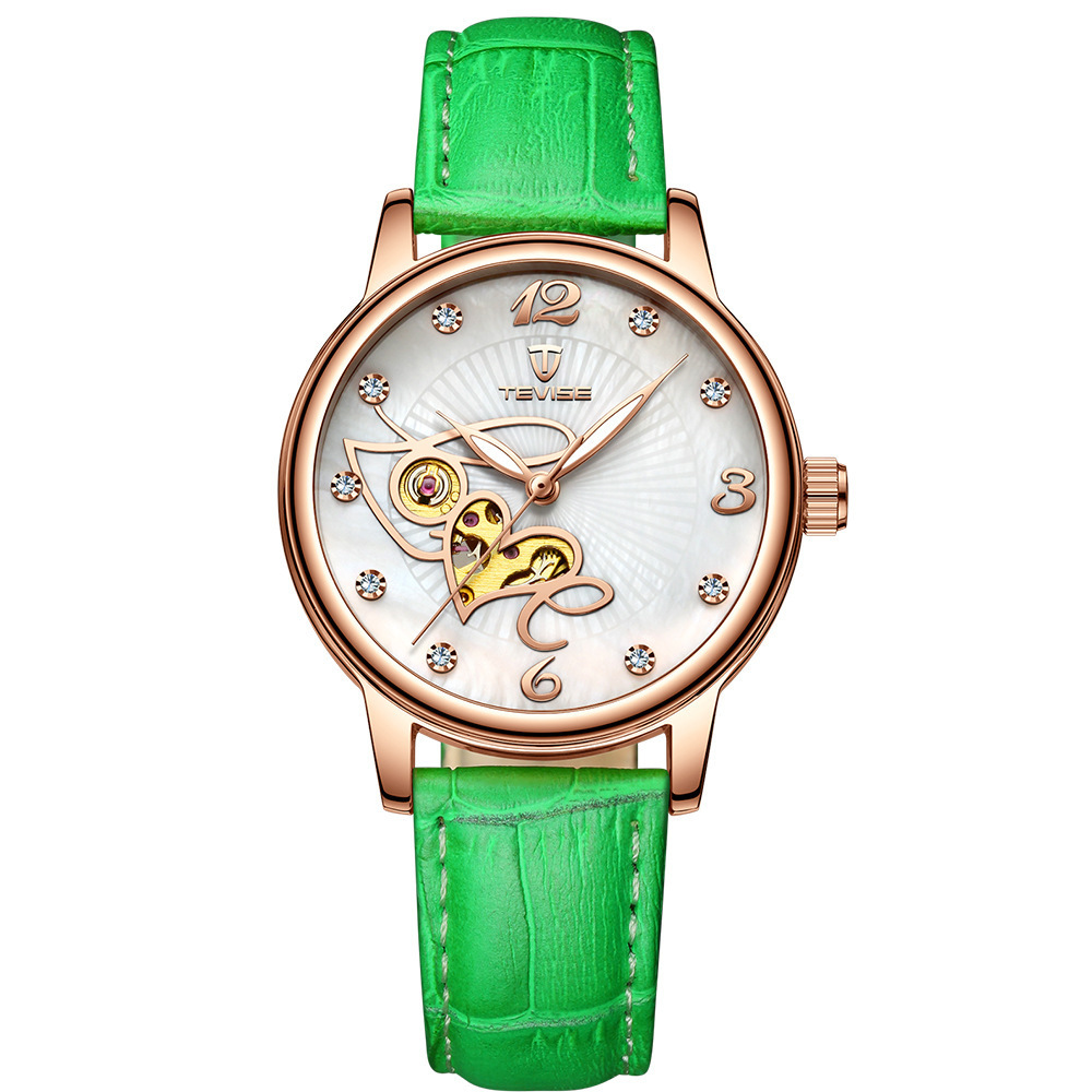 Tevise fancy ladies latest mechanical rhinestone watch rose gold flower watch womens leather  for girl