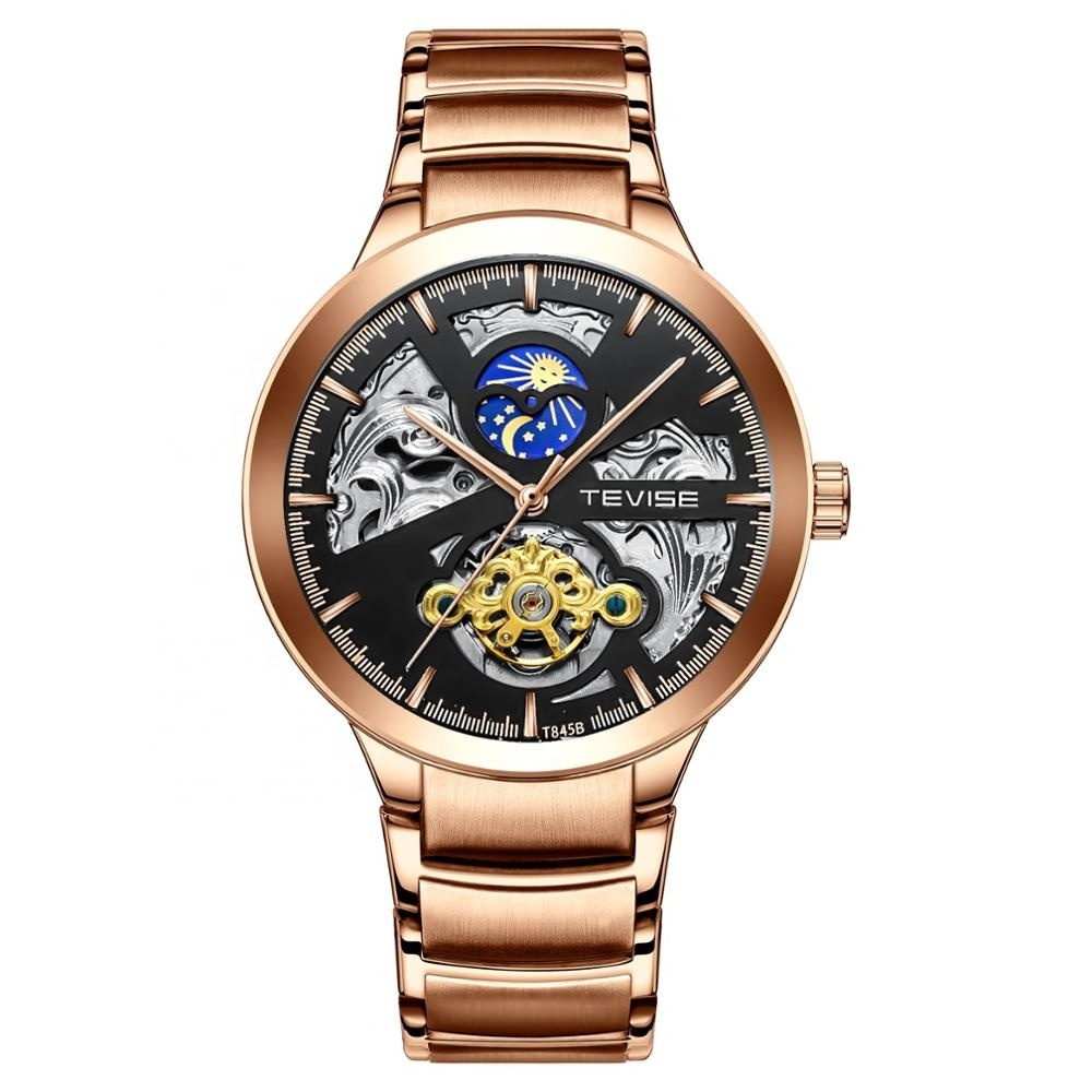 made in prc men's rose gold wrist watch tourbillon visible movement sun and moon mechanical automatic