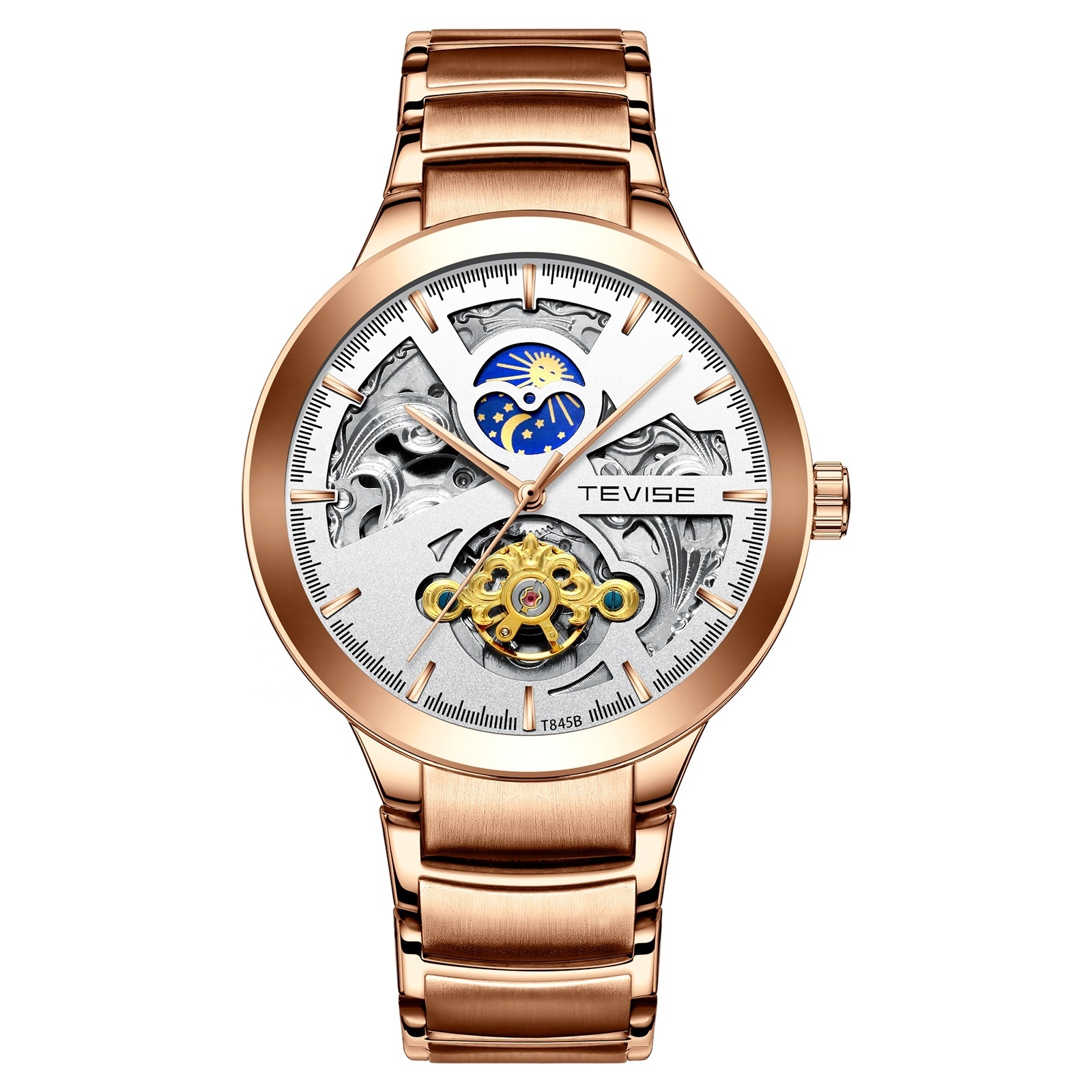 made in prc men's rose gold wrist watch tourbillon visible movement sun and moon mechanical automatic