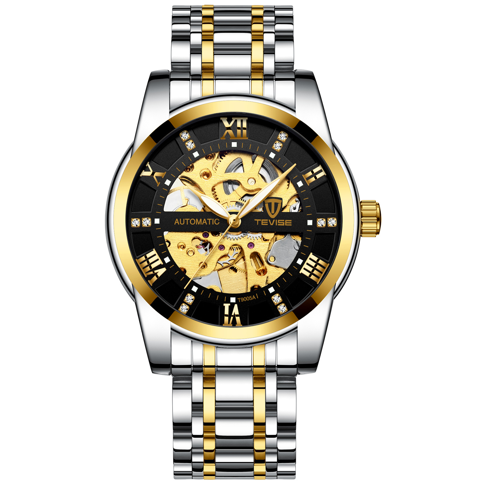 TEVISE 9005A trending black mens mechanical watch Stainless steel band Waterproof skeleton transparent sports reloj watch