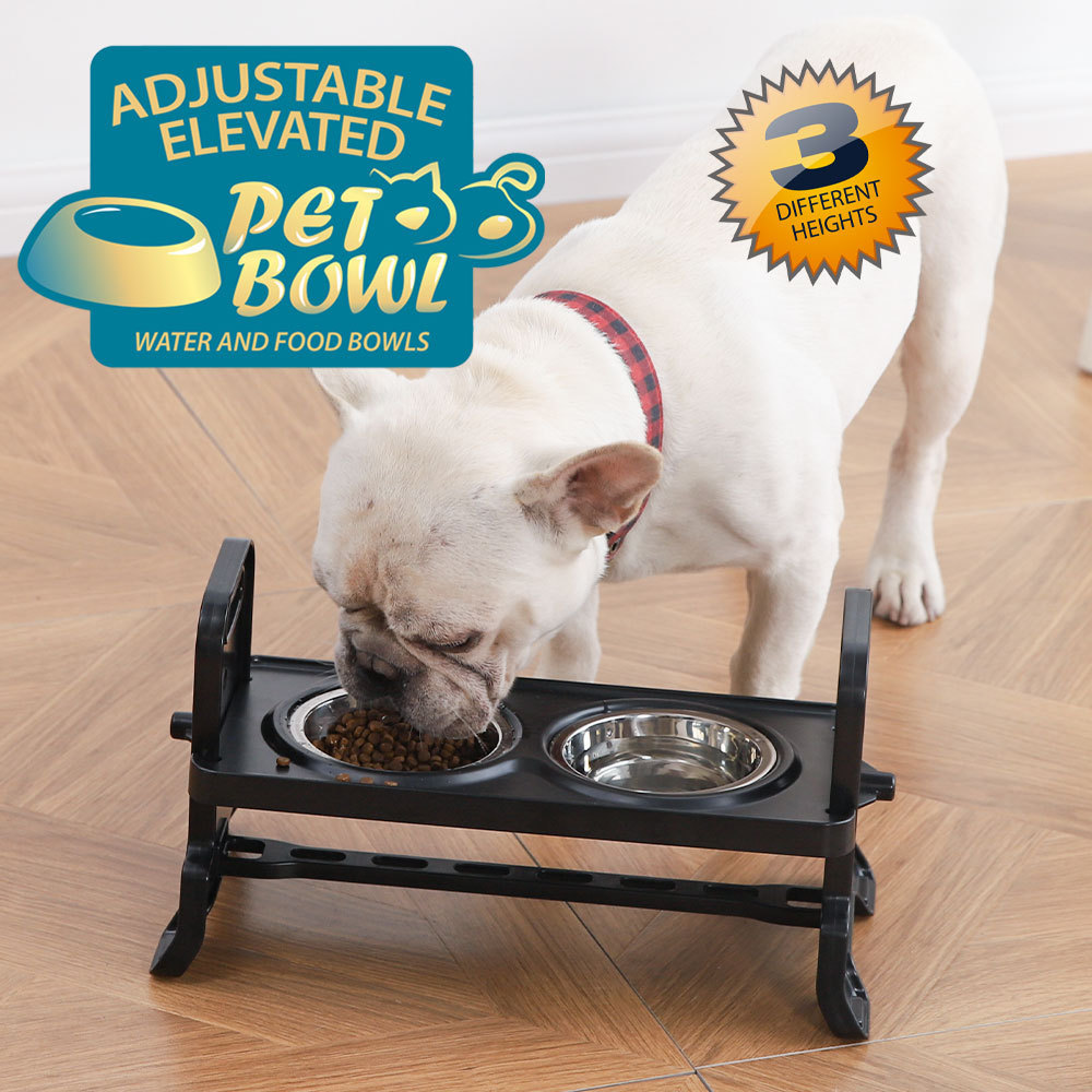 Three Height Settings Pet Double Bowls ABS Raised Dog Bowl Stand with 2 Stainless Steel Bowls