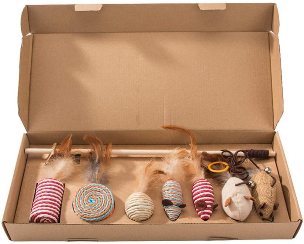 7pcs Pack Kitten Interactive pet Toys Multiple Replaceable  Natural Cat Teaser Toy Set in Gift Box