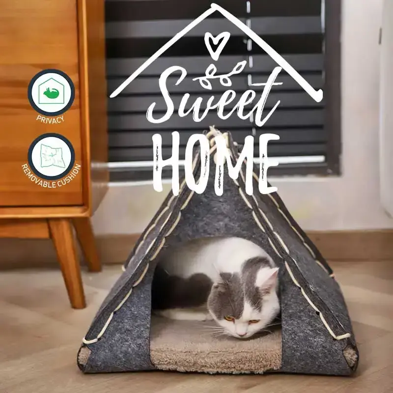 Indoor Foldable Cat Triangle House Felt Cat Teepee Bed