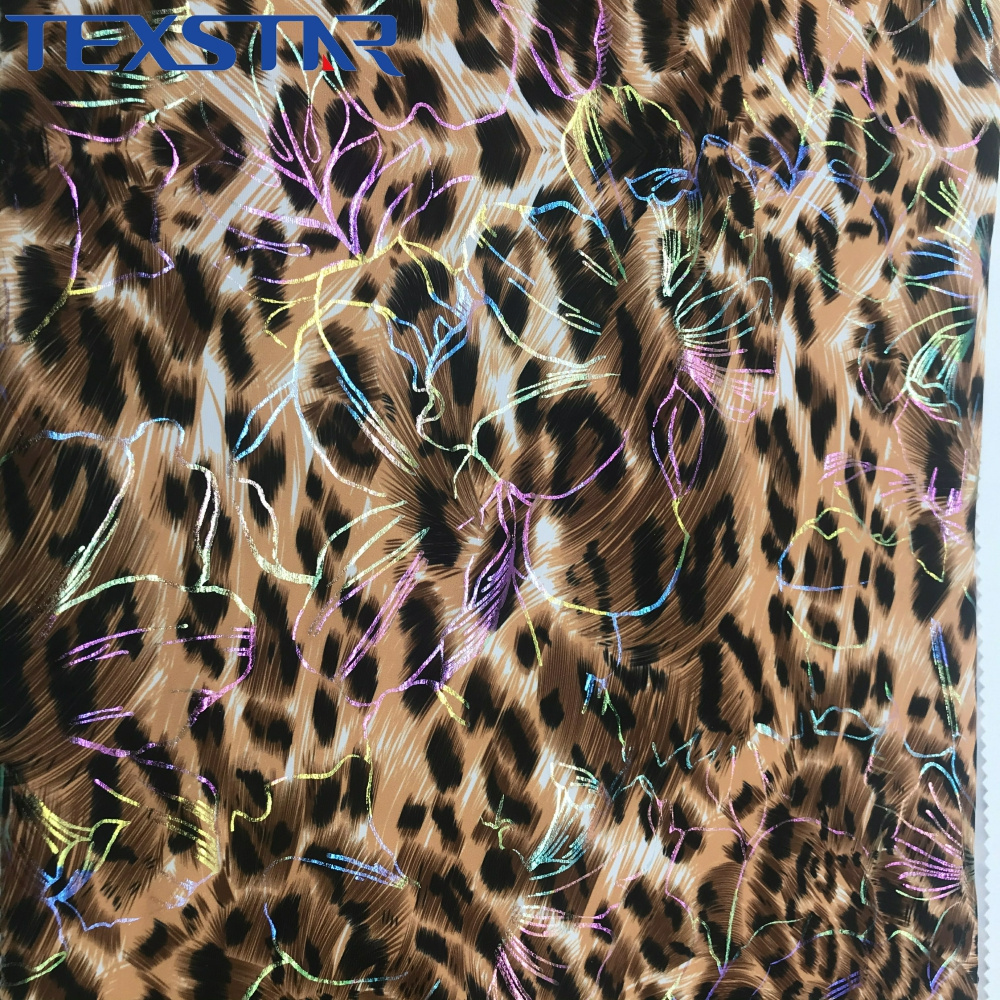 80 Nylon 20 spandex  with shiny color foil leopard printed 4 way high stretch fabric