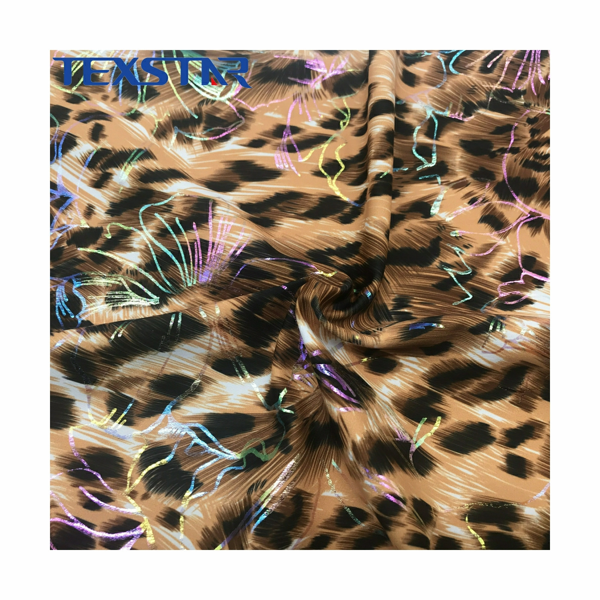 80 Nylon 20 spandex  with shiny color foil leopard printed 4 way high stretch fabric