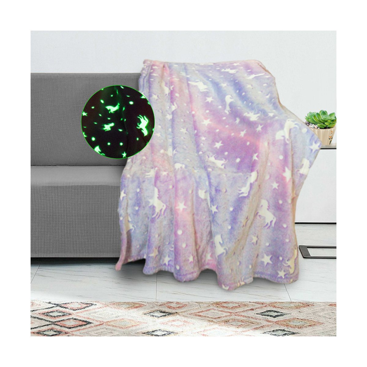 Customization Super Soft Warm Plush Gift Design Unicorn Star Flannel Fleece Luminous Glow In The Dark Blanket