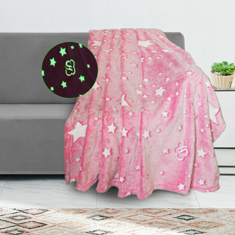 Wholesale Cozy Soft Warm Fluffy Pink Stars Custom Logo Flannel Fleece Fluorescent Glow In The Dark Blanket