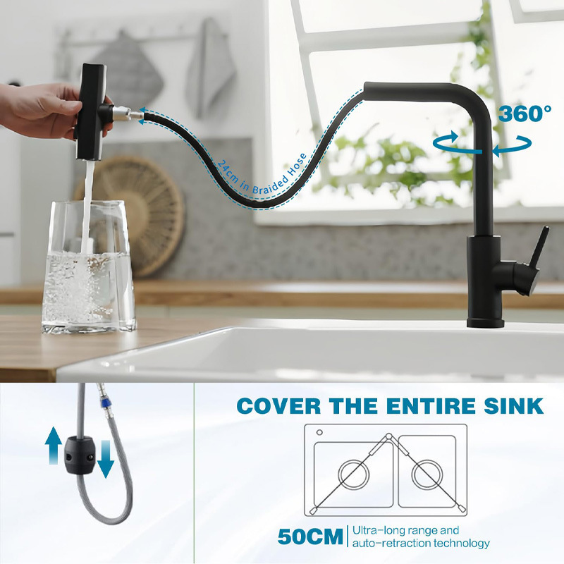 Modern Design Matte Black SUS304 Stainless Steel Kitchen Faucet Single Handle Pull out with Pull down Sprayer Deck Mounted