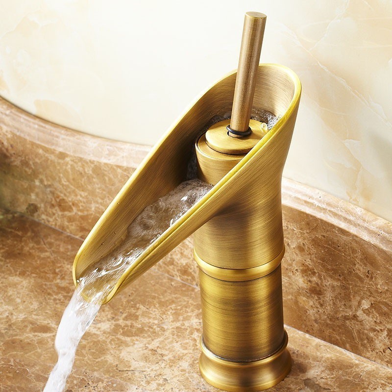 Antique Deck Mounted Hot Cold Faucet Brass Brushed Gold Bathroom Mixer Taps Basin Sink Faucet