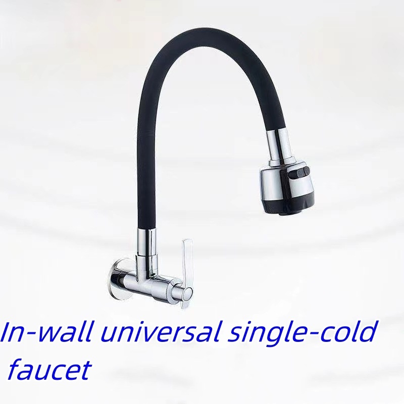 Modern Design Black Wall Mounted Kitchen Faucet with Flexible Rubber Silicon Spout Hose Tap Factory Priced for Cold Water Use