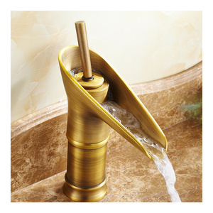 Antique Deck Mounted Hot Cold Faucet Brass Brushed Gold Bathroom Mixer Taps Basin Sink Faucet