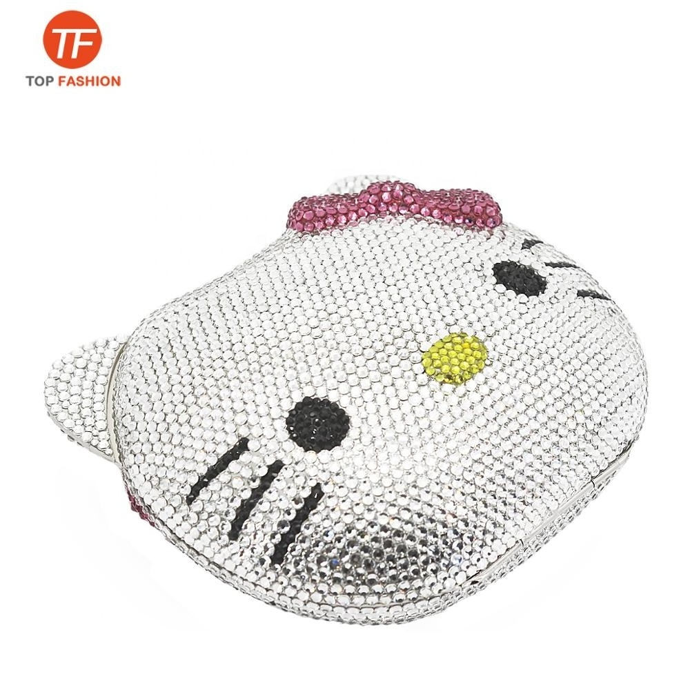 China Factory Wholesales Luxury Fully Crystal Rhinestone Clutch Evening Bag For Formal Party 3D Kitty Purse