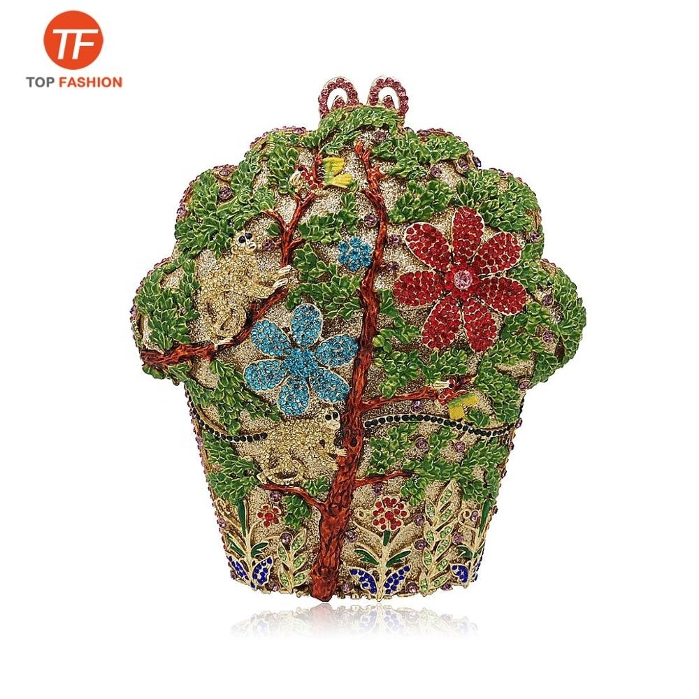 Factory Wholesale Women Crystal Evening Bags Monkeys Floral and Trees Bridal Flower Wedding Party Clutch Bags in Ice Cream Shape