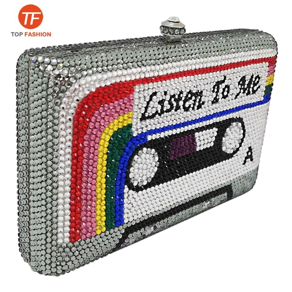 Wholesales Vintage Casette Tape Clutch Women Crystal Evening Bags Wedding Party Diamond Box Minaudiere Clutch Purse