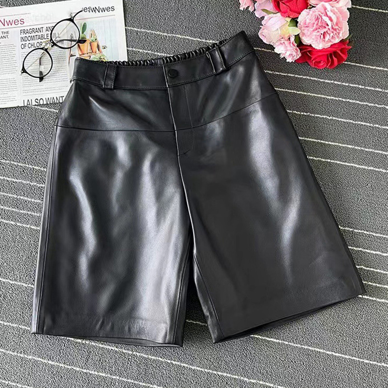 New Fashion Straight Style Zip Fly Beige Genuine Leather Short Shorts For Women