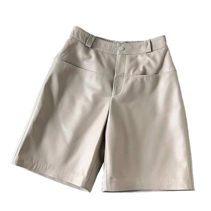 New Fashion Straight Style Zip Fly Beige Genuine Leather Short Shorts For Women