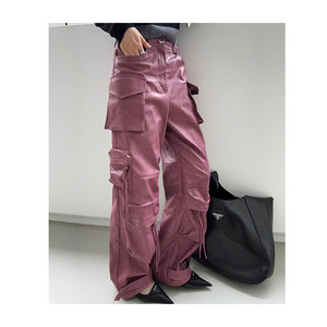 High Street Leather Cargo Trousers High Waist Long Pink Real Cowhide Leather Pants