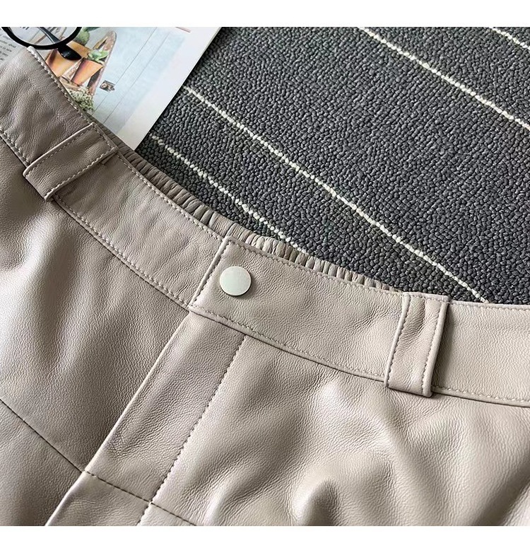 New Fashion Straight Style Zip Fly Beige Genuine Leather Short Shorts For Women