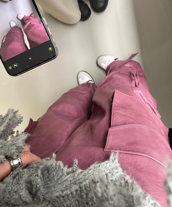 High Street Leather Cargo Trousers High Waist Long Pink Real Cowhide Leather Pants