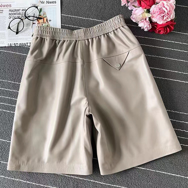 New Fashion Straight Style Zip Fly Beige Genuine Leather Short Shorts For Women