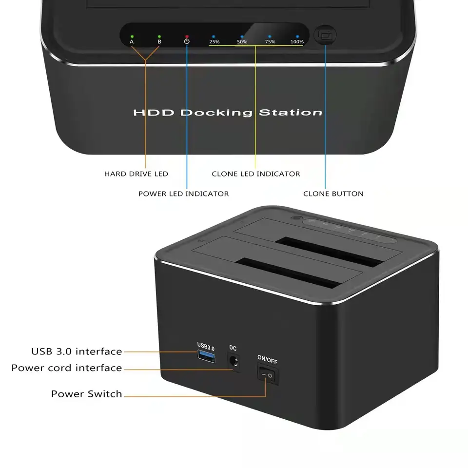 USB 3.0 Dual Bay SATA HDD Docking Station for 2.5/3.5 inch Hard Disk Drive Offline Clone UASP