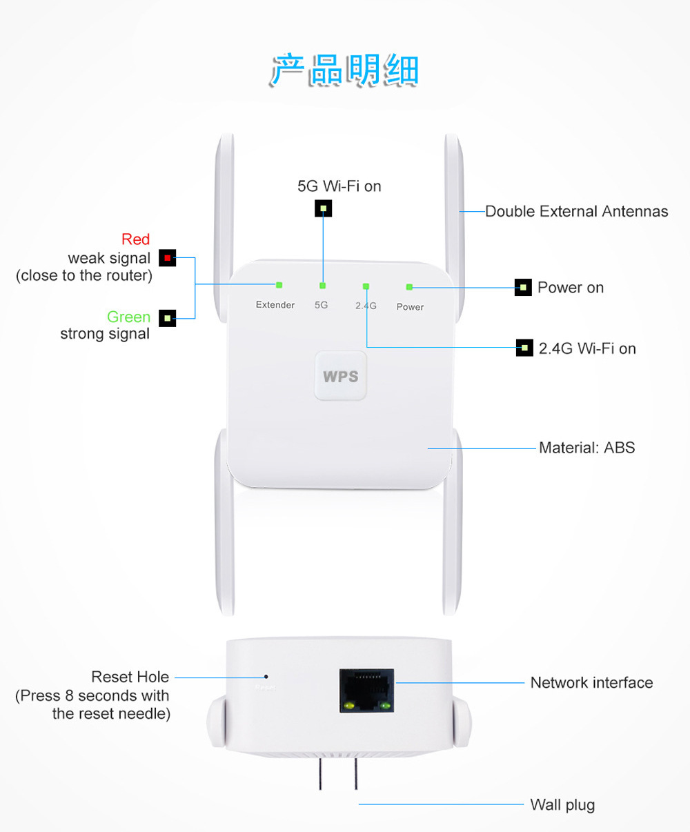 Factory Price WiFi Extender 5G Dual Band 1200Mbps Fastest Long Range WiFi Extenders Signal Booster For Home Office