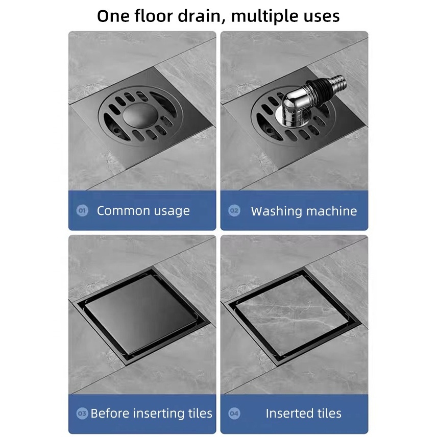 Modern Black Gray Bathroom Shower Accessories Brass 4 Inch Anti Odor SUS 201 304 Stainless Steel Floor Drain