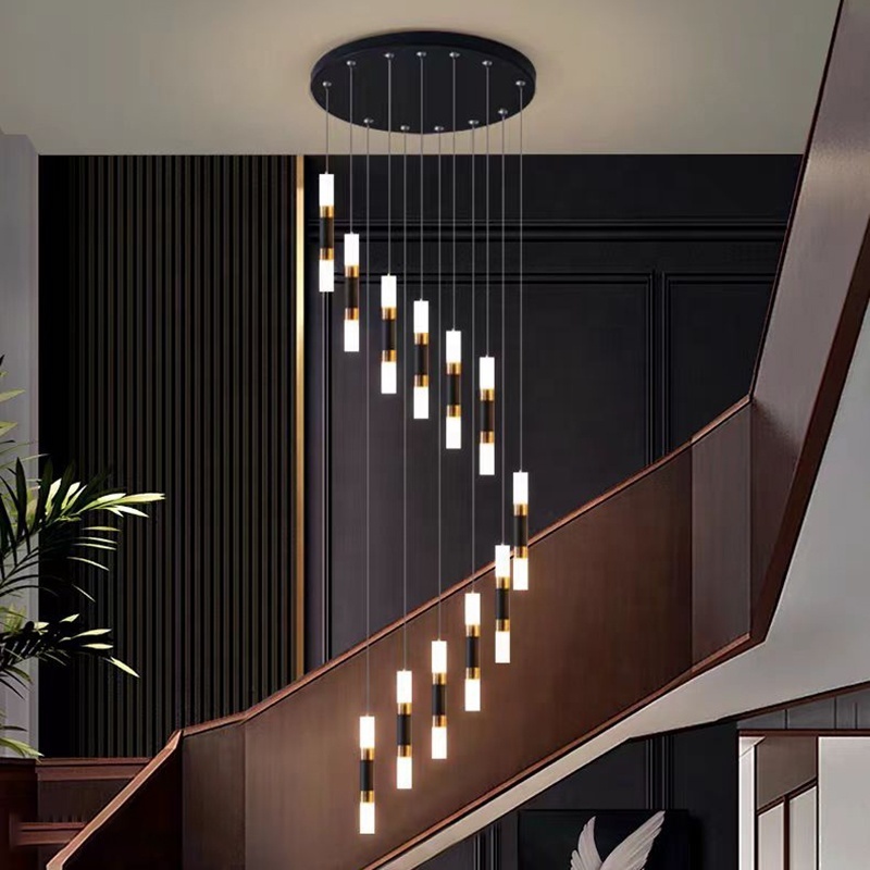 Modern Black Gold Spiral Staircase Ceiling Chandelier Indoor Hanging LED Foyer Pendant Lamp for Home