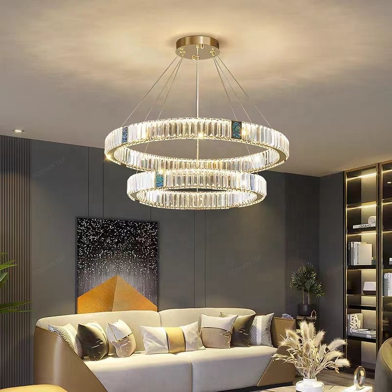 Luxury Decorative Round Circle Ring Stainless Steel Crystal Living Room Hanging Chandeliers Pendant Lights