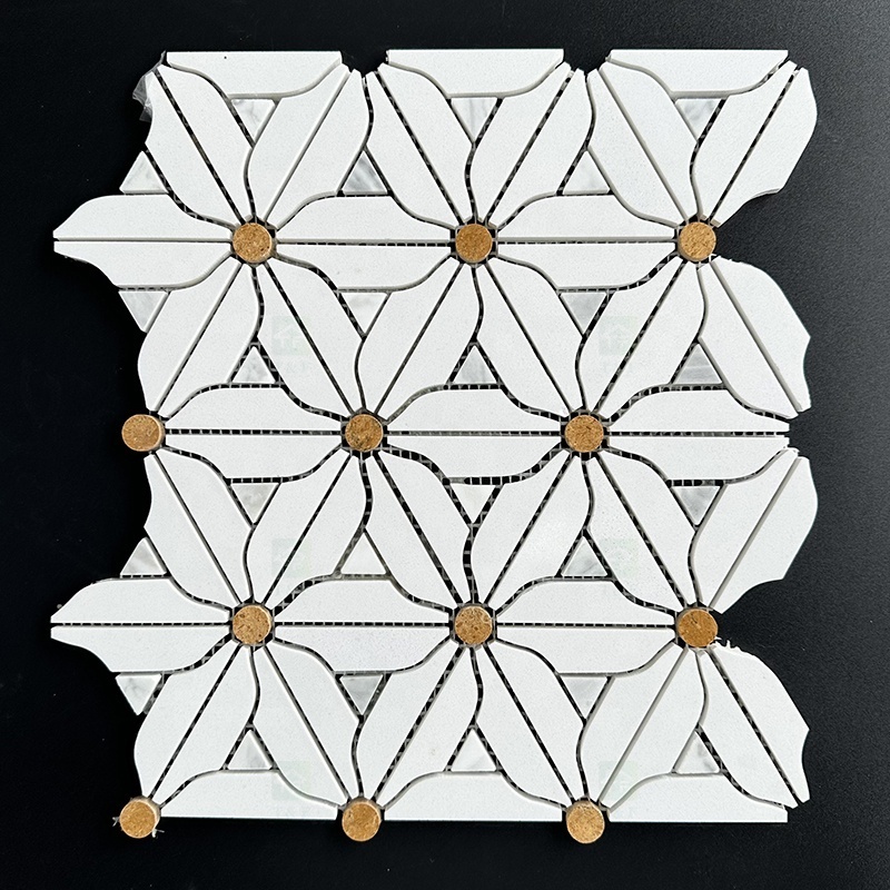 Decorative Flower Patterns White Natural Marble Mosaic Tile For Kitchen Backsplash Wall And Bathroom Floor