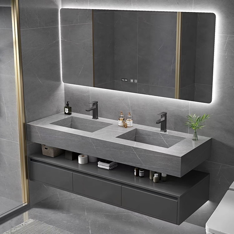 Modern Luxury Hotel Wall Mount Solid Wood Single Double Sink Floating Cabinet Bathroom Vanity