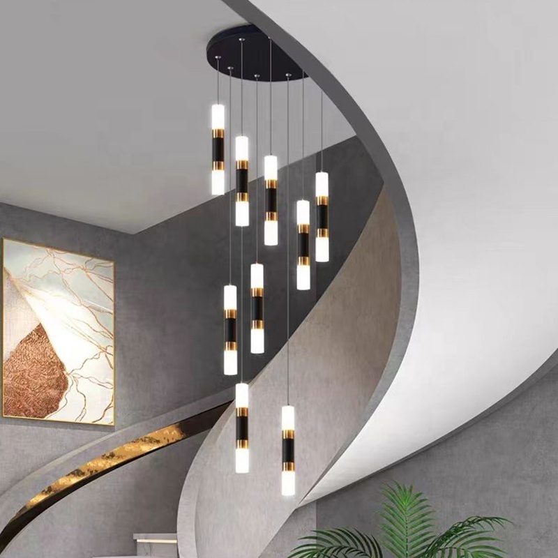 Modern Black Gold Spiral Staircase Ceiling Chandelier Indoor Hanging LED Foyer Pendant Lamp for Home