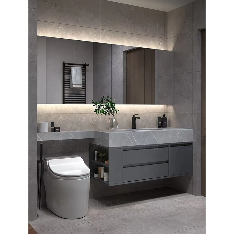 Light Luxury Extension Cut Corner Custom Sintered Stone Slate Bathroom Washbasin Toilet Vanity Smart LED Mirrored Cabinet