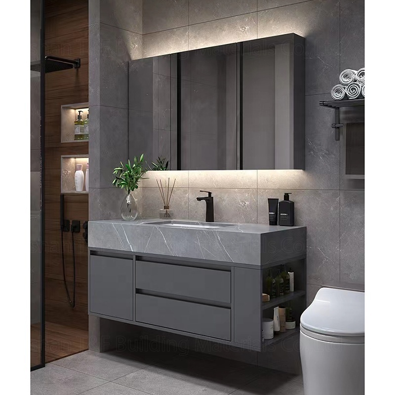 Light Luxury Extension Cut Corner Custom Sintered Stone Slate Bathroom Washbasin Toilet Vanity Smart LED Mirrored Cabinet