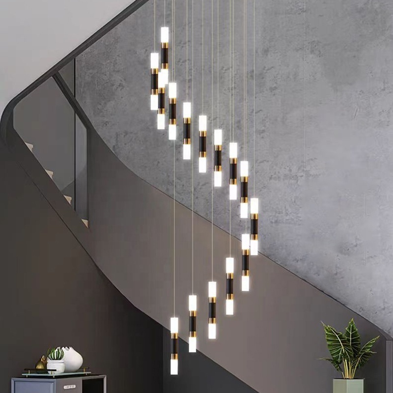 Modern Black Gold Spiral Staircase Ceiling Chandelier Indoor Hanging LED Foyer Pendant Lamp for Home