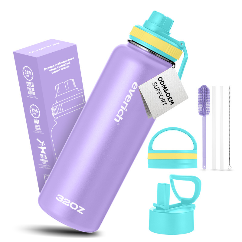 Straw Lid  for Gym Travel  BPA free LFGB Double walled Insulated 18/8 Stainless Steel Vacuum Flask Sport Water Bottle