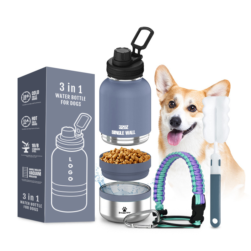 2024 New 32 oz Stainless Steel Insulated Travel Portable Pet Cat Dog Feedder Bowls Water Bottle for Walking