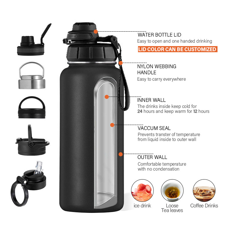 Sports Water Bottle With 5 lids Leak Proof Stainless Steel Water Bottle Insulated water Outdoor Sports