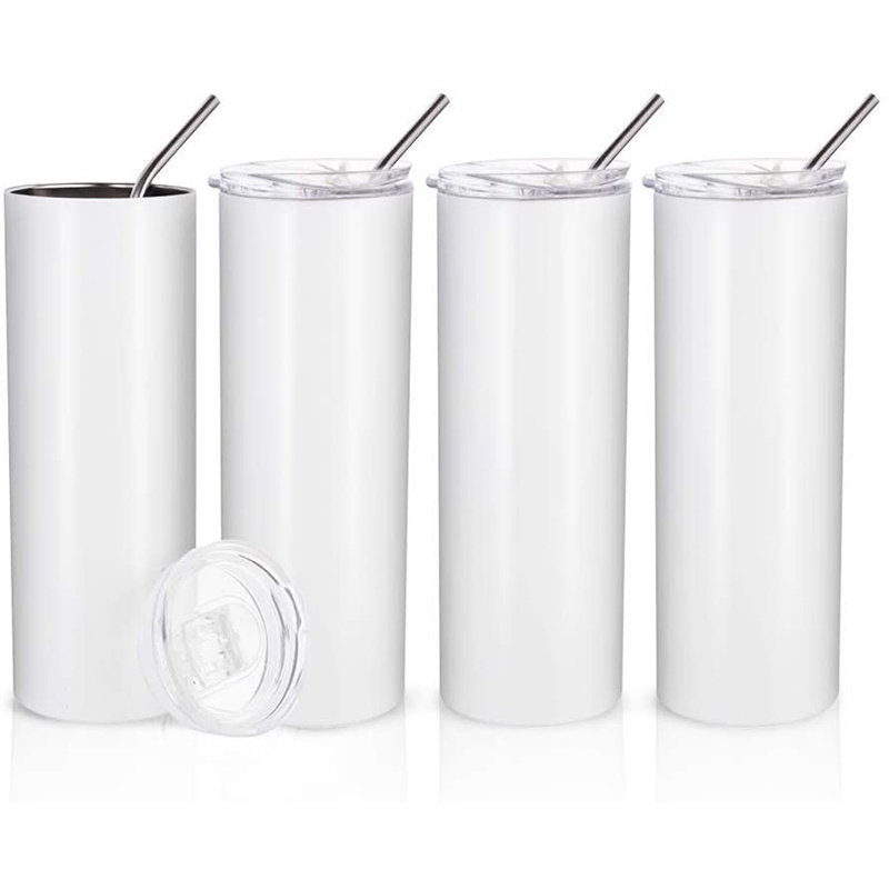 In Stock Stainless Steel White Blank 20 Oz Skinny Tumblers for Sublimation Straight Sided with Lid