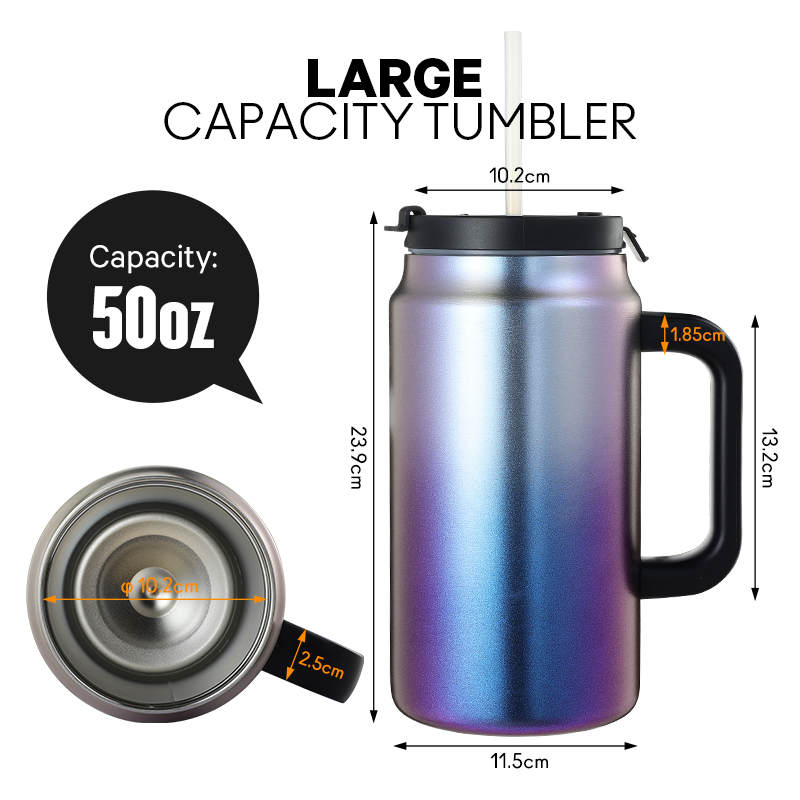 New Design Stainless Steel Cup with handle Double Wall Tumbler 50oz Travel Mug with Lid and Handle